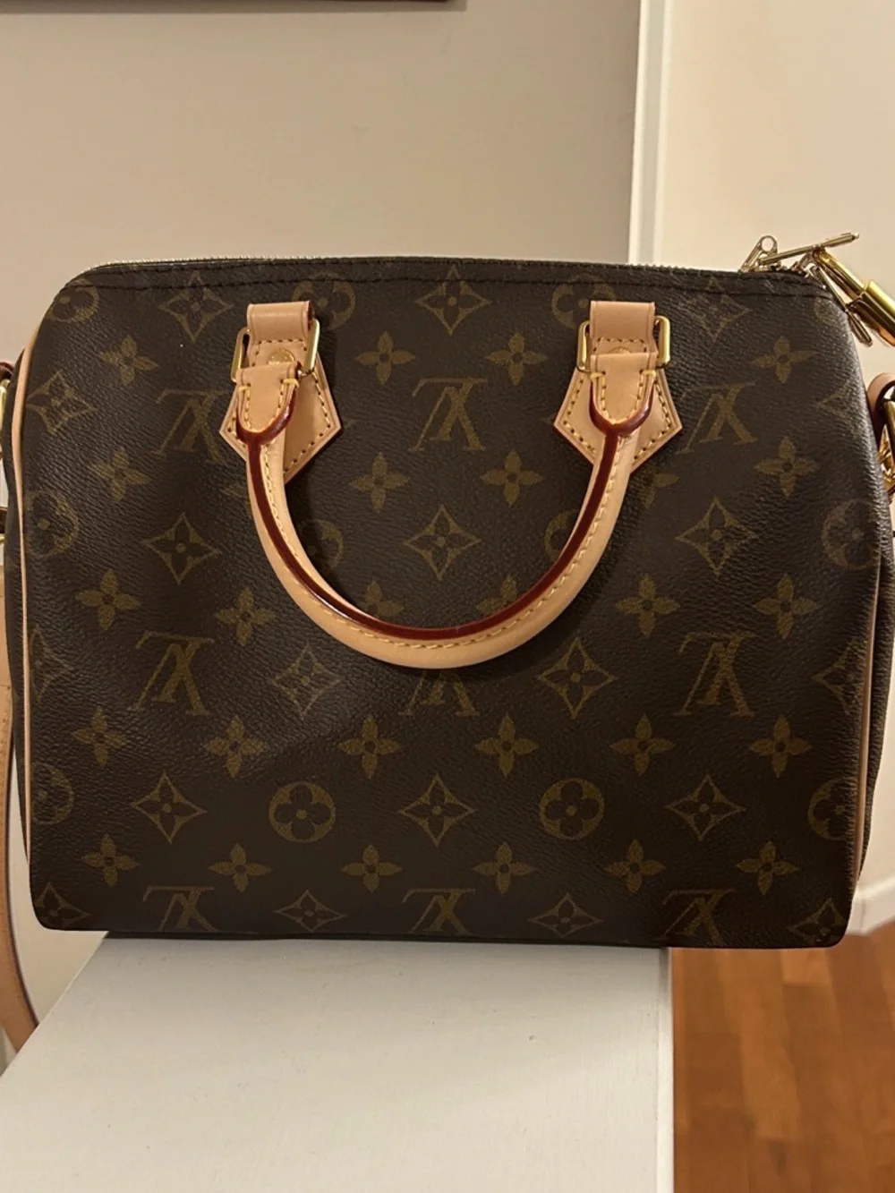 Louis Vuitton Speedy Bandoulière 25 Brown Monogram Satchel Lock Key Dust Bag Box